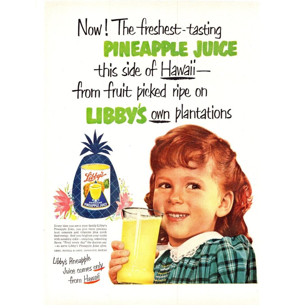 1952 Libby's Pineaplle Juice Vintage Print Ad Little Girl Redhead 50s Wall Art